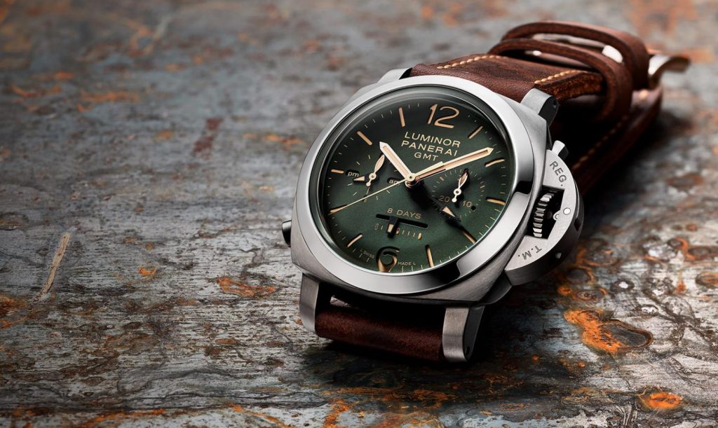 The titanium fake watch has brown strap.